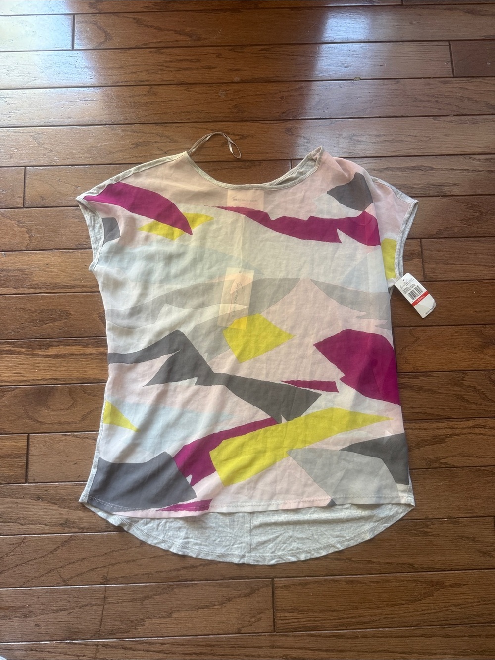 Nordstrom Abstract Geo Cap-Sleeve Blouse in Pink, Yellow & Gray